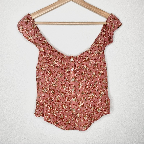 American Eagle Off The Shoulder Ruffle Pink Floral Crop Top